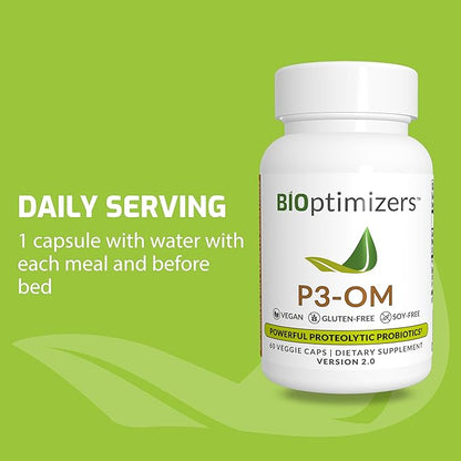 BiOptimizers P3-OM Proteolytic Prebiotics & Probiotics Supplement – Lactobacillus Plantarum for Digestive & Immune Health – Bloating & Gut Relief Support for Men & Women (60 Vegan Capsules)