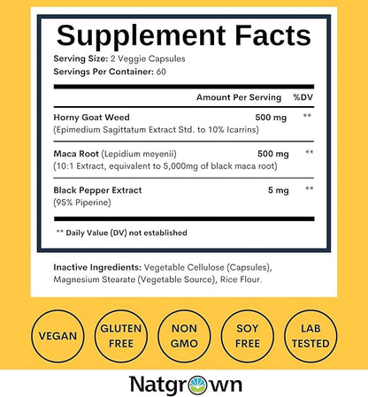Natgrown Horny Goat Weed and Maca Root Extract Supplement for Men & Women (Epimedium Extract, Hornygoatweed) Vegan Capsules -120 Ct