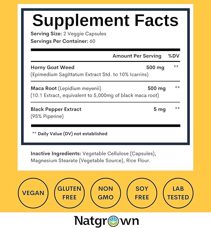 Natgrown Horny Goat Weed and Maca Root Extract Supplement for Men & Women (Epimedium Extract, Hornygoatweed) Vegan Capsules -120 Ct
