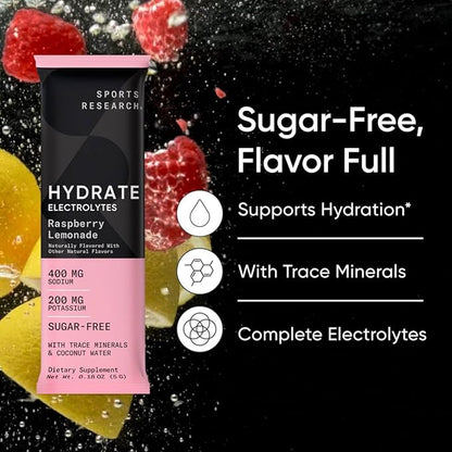 Sports Research Hydrate Electrolytes Powder Packets - Sugar-Free & Naturally Flavored with Vitamins, Minerals, and Coconut Water - Supports Hydration - 16 Packets - Raspberry Lemonade