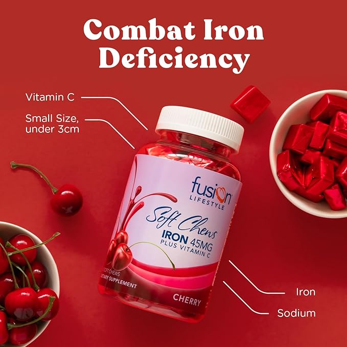 Chewable Iron Supplement for Women & Men - Cherry Flavor, Iron Vitamin C Soft Chew for Max Absorption, Iron as Ferrous Fumarate, Ideal for Anemia and Iron Deficiency, 2 Month Supply