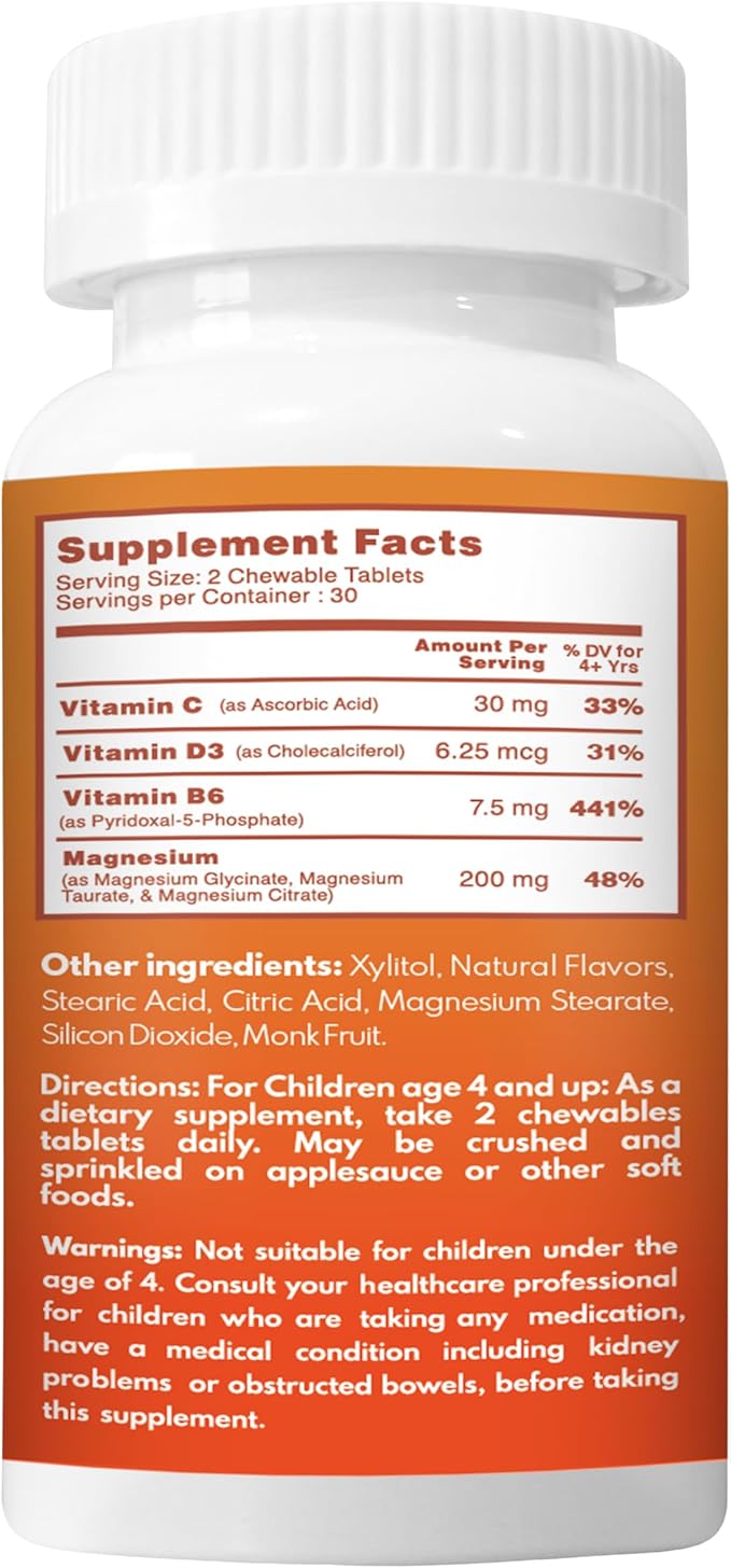 Chewable Magnesium for Kids, Relaxation and Calm Formula, Glycinate, Citrate, Taurate, Vitamin B6, D, C, Natural Pineapple Orange Guava Flavor, Sugar Free, Gluten Free, Non-GMO, 60 Chewable Tablets