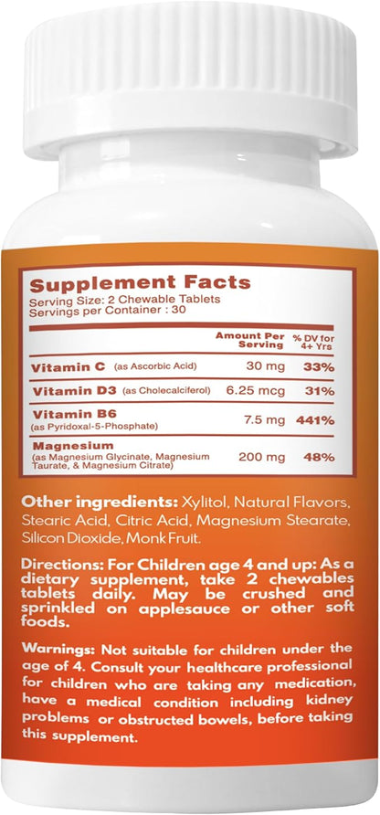 Chewable Magnesium for Kids, Relaxation and Calm Formula, Glycinate, Citrate, Taurate, Vitamin B6, D, C, Natural Pineapple Orange Guava Flavor, Sugar Free, Gluten Free, Non-GMO, 60 Chewable Tablets