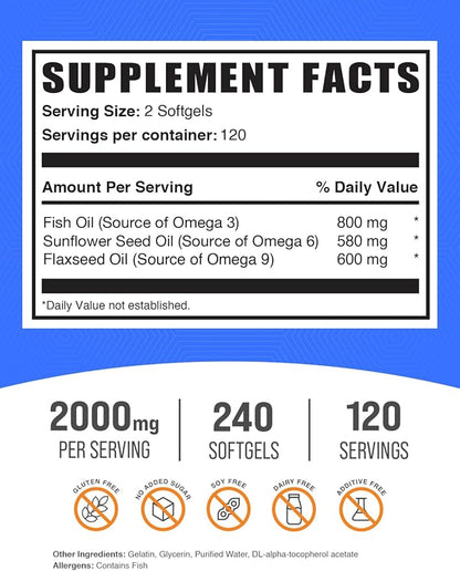 BulkSupplements.com Omega 3-6-9 Softgels - Triple Omega Supplement, with Omega 6 & 9, with Fish Oil Omega 3-2 Softgels per Serving, 120-Day Supply, 240 Softgels (Pack of 1)