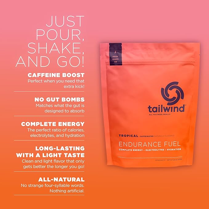 Tailwind Nutrition Endurance Fuel, Caffeine Drink Mix with Electrolytes, Non-GMO, Free of Soy, Dairy, and Gluten, Vegan, Tropical Buzz, 30 Servings
