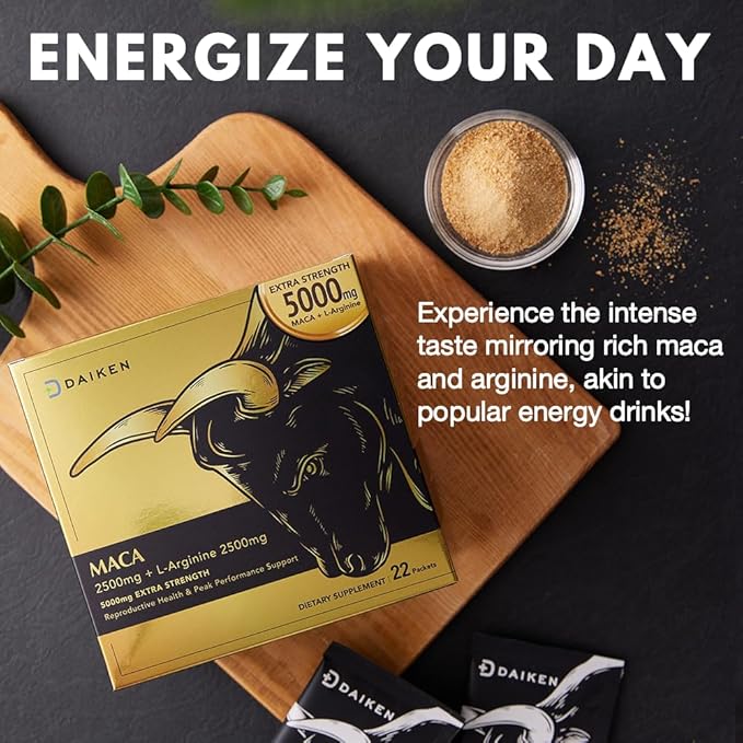 DAIKEN Peruvian Maca Root Powder Extra Strength 15,000 mg, Gelatinized Black, Red, Yellow Maca Blend with L-Arginine (2,500 mg) for Men and Women, Superior Absorption, Vegan, Lab Tested - 22 Packets