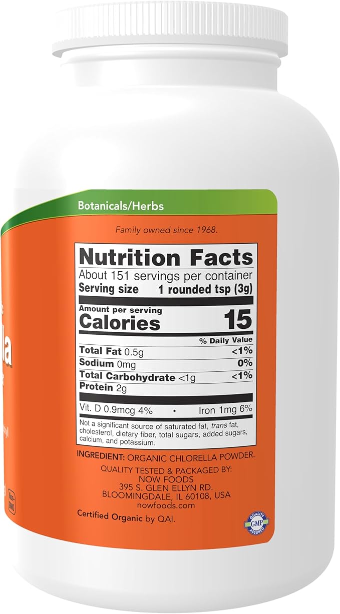 NOW Foods Supplements, Organic Chlorella Powder with naturally occurring Chlorophyll, Beta-Carotene, mixed Carotenoids, Vitamin C, Iron and Protein, 1-Pound