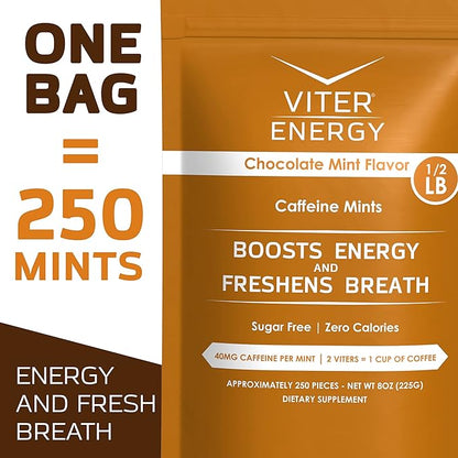 Viter Energy Caffeinated Mints 40mg Caffeine, B Vitamins, Sugar Free. (Chocolate Mint, 8oz, Bulk Bag)