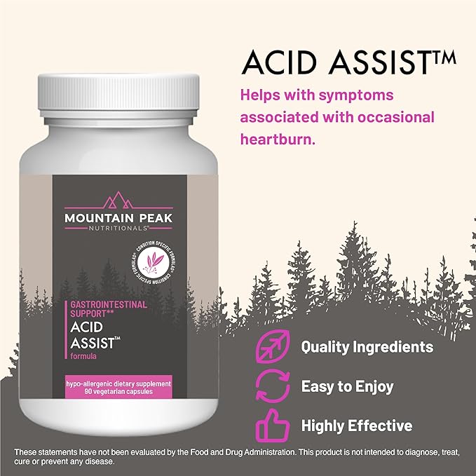 Mountain Peak Nutritionals Acid Assist Formula - Gastrointestinal Support Supplement - Helps with Symptoms of Occasional Heartburn & Stomach Acid - Hypoallergenic Dietary Supplement (90 Capsules)