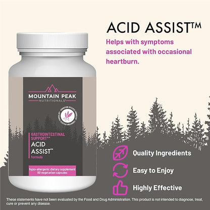 Mountain Peak Nutritionals Acid Assist Formula - Gastrointestinal Support Supplement - Helps with Symptoms of Occasional Heartburn & Stomach Acid - Hypoallergenic Dietary Supplement (90 Capsules)