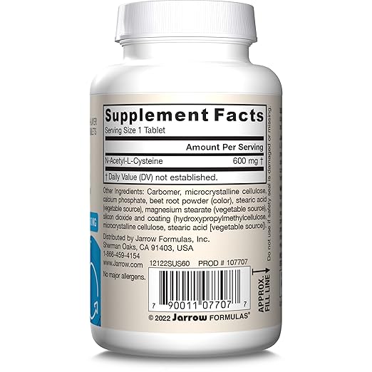 Jarrow Formulas N-A-C Sustain 600 mg, Dietary Supplement, Amino Acid Support for Liver Health and Antioxidants, 60 Tablets, 60 Day Supply