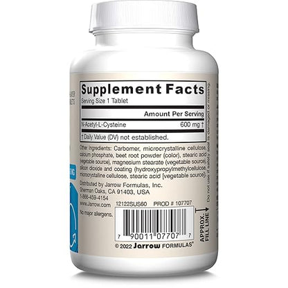 Jarrow Formulas N-A-C Sustain 600 mg, Dietary Supplement, Amino Acid Support for Liver Health and Antioxidants, 60 Tablets, 60 Day Supply