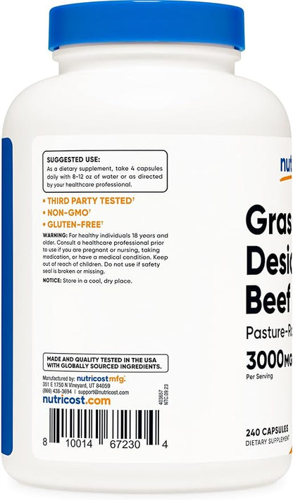 Nutricost Grass Fed Desiccated Beef Liver Capsules 3000mg (750mg Per Cap) - No Hormones, Non-GMO, Gluten Free, Pasture-Raised, Free Range Beef (240 Count (Pack of 1))