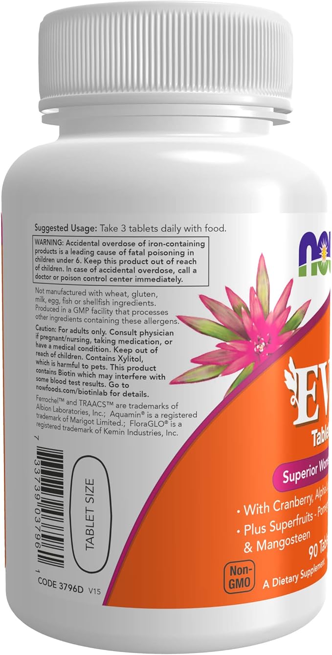 NOW Supplements, Eve™ Women's Multivitamin with Cranberry, Alpha Lipoic Acid and CoQ10, Plus Superfruits - Pomegranate, Acai & Mangosteen, 90 Tablets (Pack of 2)