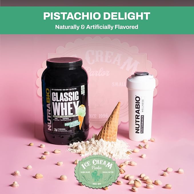NutraBio Classic Whey Protein Powder- 25G Protein Per Scoop - Full-Spectrum Amino Acid Profile - No Fillers, Artificial Colors, Preservatives - (Pistachio Delight, 2 Pounds)