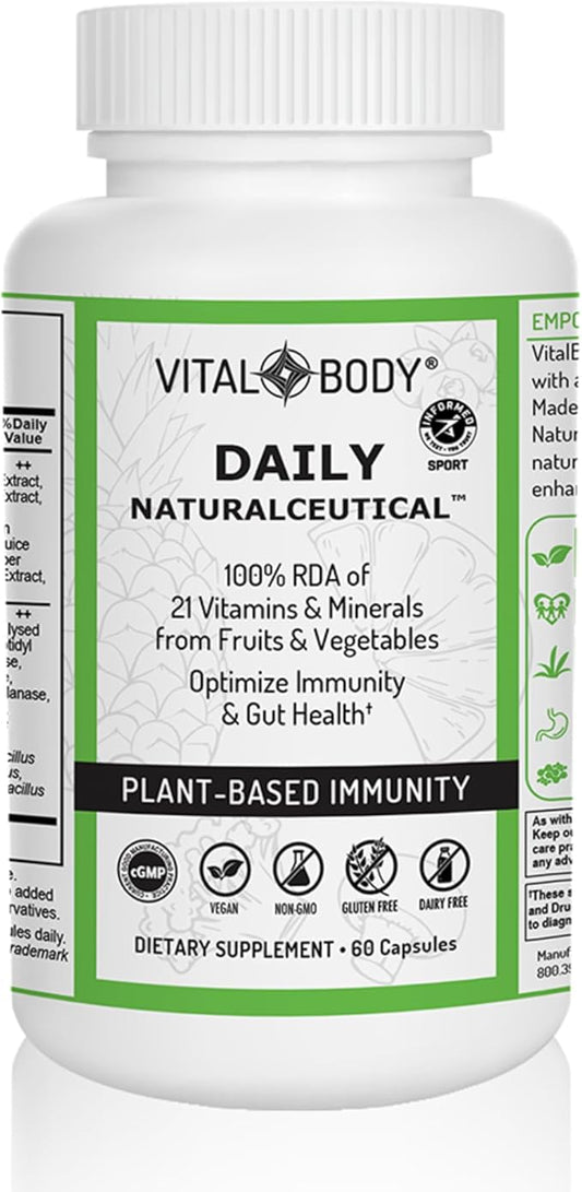 Daily Naturalceutical 100% RDA of 21 Vitamins & Minerals from Fruits & Vegetables + PreBiotics, Postbiotics, & Enzymes | Plant Based Immunity - Daily Multivitamin