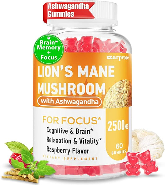 Lions Mane Gummies, Organic Lion's Mane Extract to 2500mg, Brain Supplements for Memory and Focus, Immune & Relaxation, Lions Mane Gummies for Adults, with Ashwagandha & Alpha GPC, 60 Mushroom Gummies