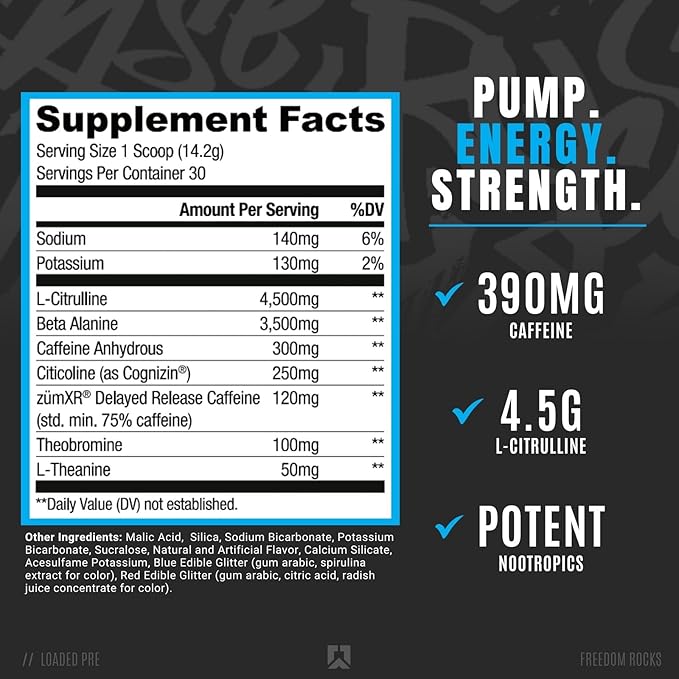 Ryse Loaded Pre Workout Powder Supplement for Men & Women | Pumps, Energy, Focus | Beta Alanine + Citrulline | 390mg Caffeine | 30 Servings (Freedom Rocks)