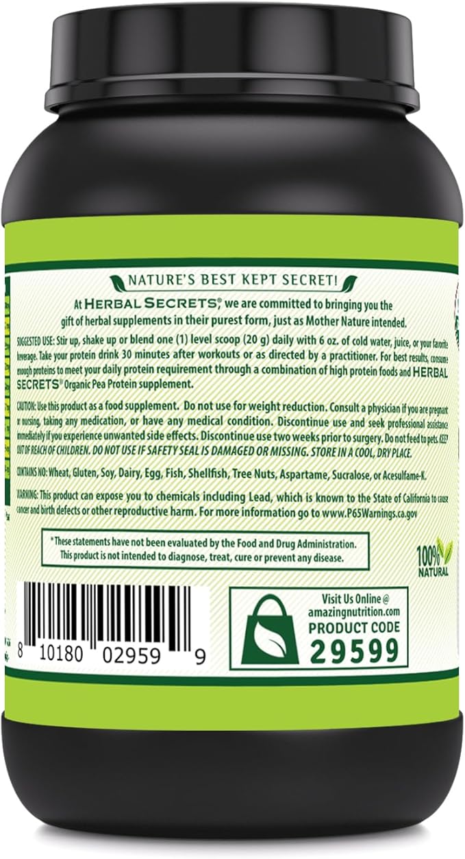 Herbal Secrets Organic Pea Protein Powder | 2 Lbs. | 17 Grams Protein Per Serving | 4.2 Grams BCAA Supplement | Non-GMO | Gluten Free | Made in USA
