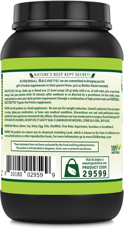Herbal Secrets Organic Pea Protein Powder | 2 Lbs. | 17 Grams Protein Per Serving | 4.2 Grams BCAA Supplement | Non-GMO | Gluten Free | Made in USA