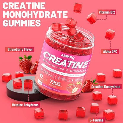 Creatine Monohydrate Gummies for Men & Women 120 CT - 7200mg of Creatine Monohydrate per Serving, Chewable Creatine Monohydrate for Muscle Support & Energy Boost, Sugar Free, Vegan (Strawberry Flavor)