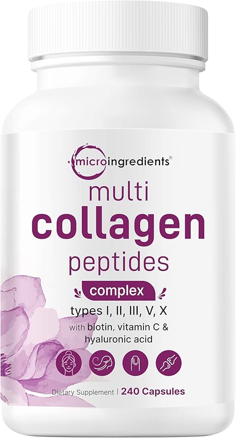 Micro Ingredients Multi Collagen Pills for Women & Men, 240 Capsules | Type I, II, III, V, X - Hydrolyzed Collagen Peptides with Biotin, Hyaluronic Acid & Vitamin C | Hair, Skin, Nail & Joint Support