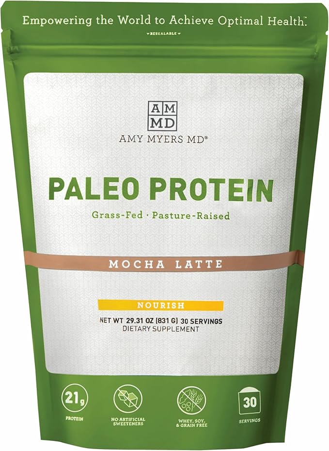 Amy Myers MD Pure Paleo Protein Powder - Clean Grass Fed Pasture Raised Protein - Hormone Free, Non-GMO, Gluten & Dairy Free - Perfect for Keto and Paleo- Mocha Latte - 29.31 oz (831 g)