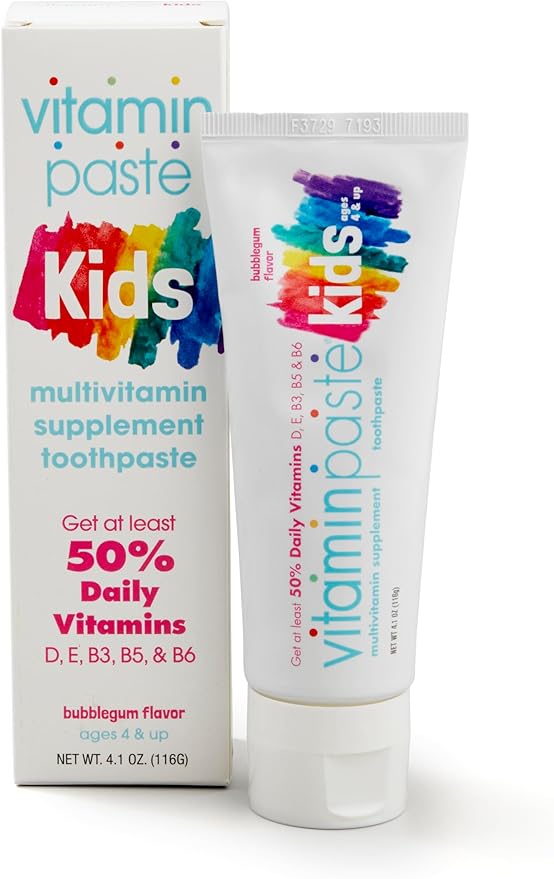 Kids Toothpaste with Daily Multivitamins B3, B5, B6, D, E, Xylitol, Calcium, Fluoride Free, Fresh Breath, Fights Tarter, Anti-Cavity, Safe to Swallow, 4.1oz, Bubble Gum Flavor, 2-Pack