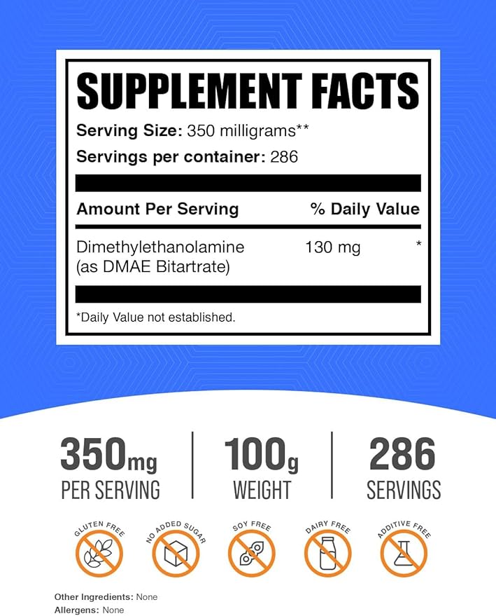 BulkSupplements.com DMAE Bitartrate Powder - Dimethylaminoethanol Bitartrate, DMAE Supplement - DMAE Powder, Gluten Free, 350mg per Serving, 100g (3.5 oz) (Pack of 1)
