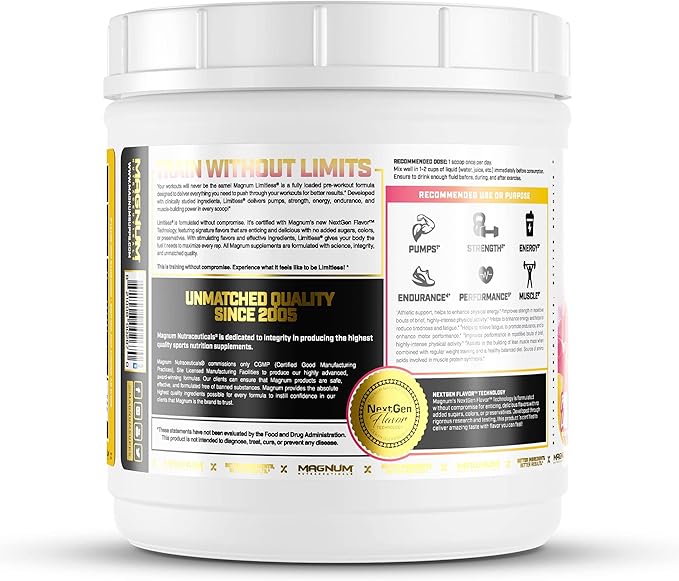 LIMITLESS Magnum 504g - Muscle Workout Powder, Sport Pre Workout for Men and Women, May Assist & Support Increase Energy, Focus, and Endurance - Pink Lemonade