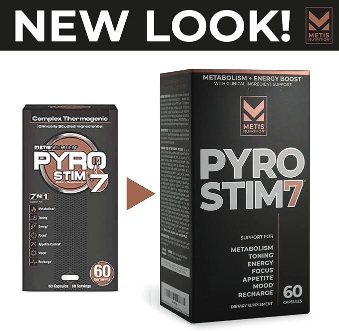 Pyro Stim 7 Metabolism Booster Fat Loss Support Energy Boost - Once-A-Day Thermogenic with Teacrine for Focus, Appetite Control, Muscle Toning, and Mood Control (60 Capsules)