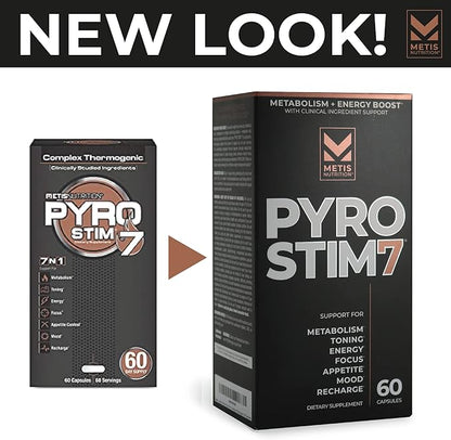 Pyro Stim 7 Metabolism Booster Fat Loss Support Energy Boost - Once-A-Day Thermogenic with Teacrine for Focus, Appetite Control, Muscle Toning, and Mood Control (60 Capsules)