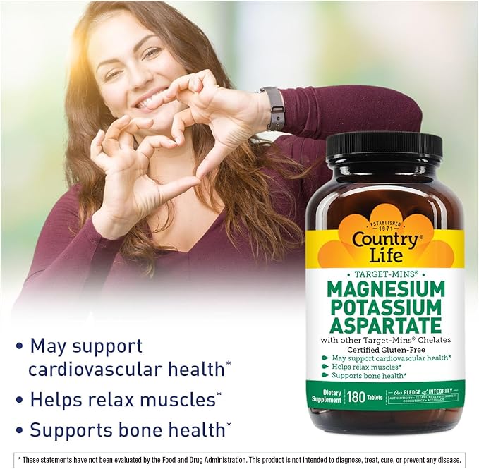 Country Life Magnesium and Potassium Supplement for Heart Health, Cardiovascular Support, Immune System and Bone Health, Gluten-Free