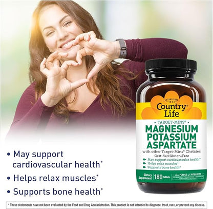 Country Life Magnesium and Potassium Supplement for Heart Health, Cardiovascular Support, Immune System and Bone Health, Gluten-Free