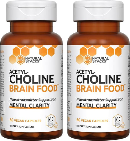 NATURAL STACKS Acetylcholine Brain Food with Alpha GPC Choline - Supports Mental Clarity - GPC Supplement & Focus Supplement for Faster Thinking & Clear Brain - 120 Acetylcholine Capsules