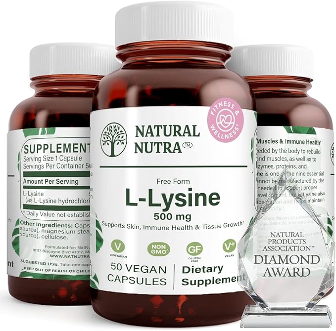 Natural Nutra L Lysine HCl, Promotes Bone Health and Growth, Helps Built Collagen, Improve Calcium Absorption, Non-GMO, Vegan, 500 mg, 50 Capsules.