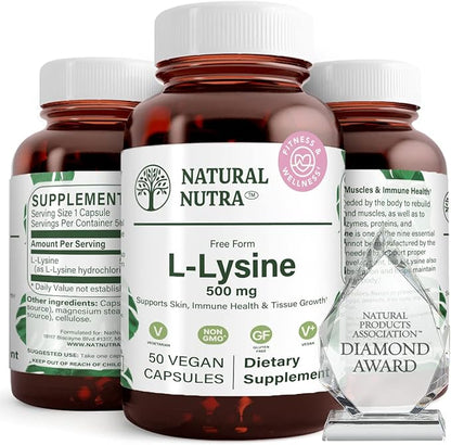 Natural Nutra L Lysine HCl, Promotes Bone Health and Growth, Helps Built Collagen, Improve Calcium Absorption, Non-GMO, Vegan, 500 mg, 50 Capsules.