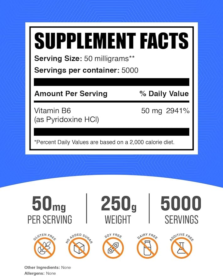 BulkSupplements.com Pyridoxine HCl Powder - Vitamin B6 Supplement, Vitamin B6 50mg - for Immune Support, Gluten Free, 50mg of Pyridoxine B6 per Serving, 250g (8.8 oz) (Pack of 1)