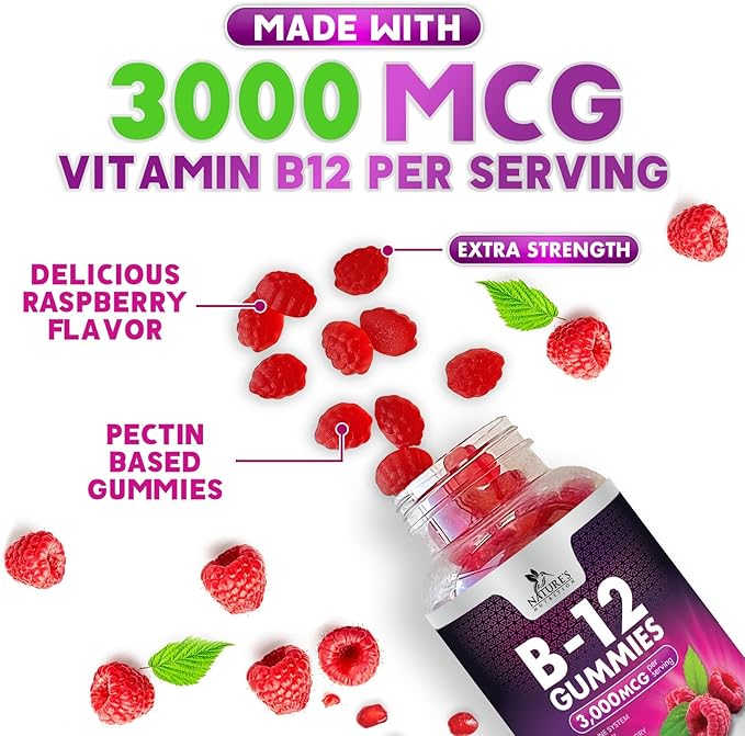B12 Gummies, Extra Strength Energy 3000 mcg Vitamin B12, B-12 Energy Metabolism & Immune System Support, Chewable Supplement for Adults & Kids, Caffeine Free, Berry Flavored Gummy, Vegan - 120 Count