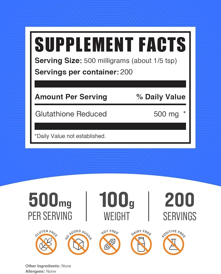 BulkSupplements.com Glutathione Reduced Powder - Glutathione Supplement, Reduced Glutathione Powder - Glutathione 500mg, Gluten Free, 500mg per Serving, 100g (3.5 oz) (Pack of 1)