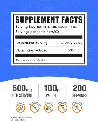 BulkSupplements.com Glutathione Reduced Powder - Glutathione Supplement, Reduced Glutathione Powder - Glutathione 500mg, Gluten Free, 500mg per Serving, 100g (3.5 oz) (Pack of 1)