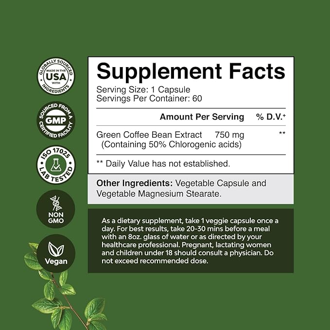 Pure Green Coffee Bean Extract Supplement – Best for Weight Loss Appetite Suppressant – 750 mg with Chlorogenic Acid Best Energy Booster Advanced Natural Potent Formula – 60 Capsules