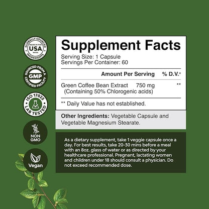 Pure Green Coffee Bean Extract – Standardized to 50% Chlorogenic Acid – Weight Loss Supplement for Men & Women – Burns Both Fat and Sugar – High Grade Potent Ingredients