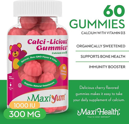 Maxi Health - Calcium Gummies with Vitamin D3 (60 Count) - 300 mg Coral Calcium & 1000 IU Vitamin D Gummy - Chewable Kosher Calcium D3 Gummies for Adults, Women, Men & Kids - Calcium Chews Supplement