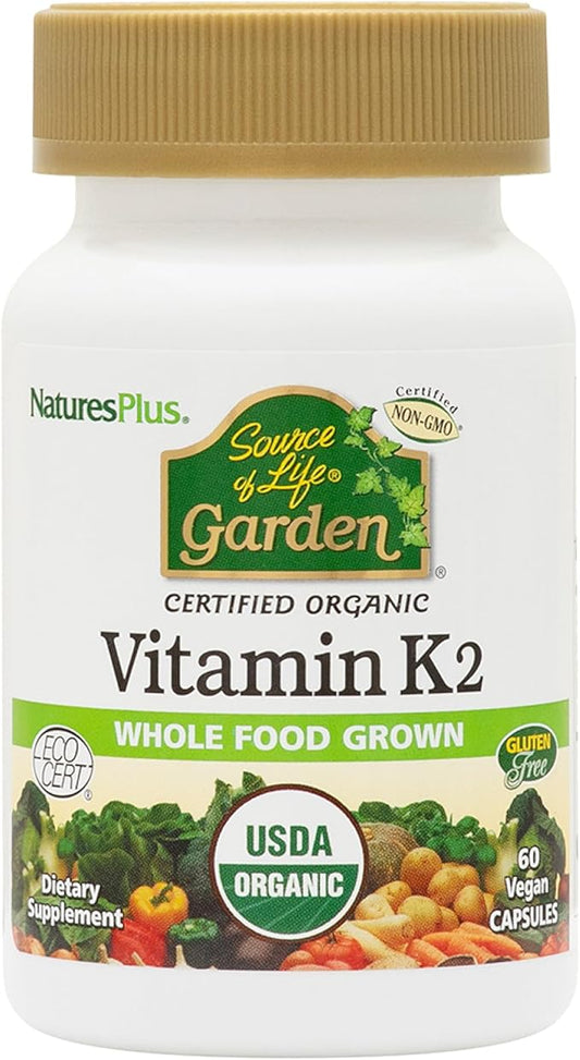 Natures Plus Source of Life Garden Certified Organic Vitamin K2-120 mcg, 60 Vegan Capsules - Bone Health Supplement - with Natural Whole Food Enzymes - Vegetarian, Gluten-Free - 60 Servings