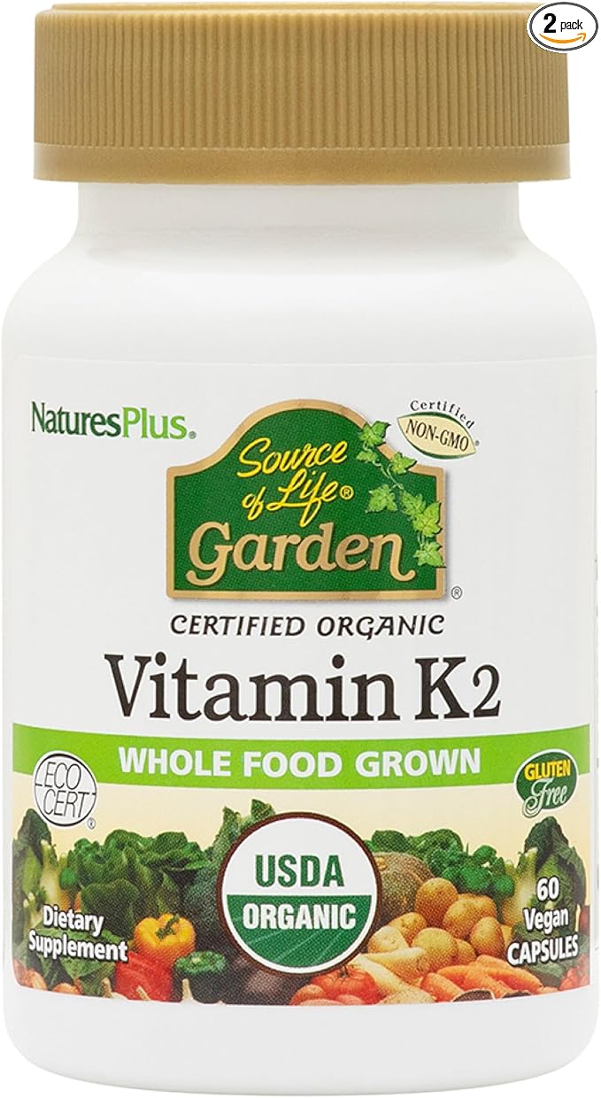 Natures Plus Source of Life Garden Vitamin K2-60 Vegan Capsules, Pack of 2 - Bone Support - Certified Organic, Non-GMO, Gluten Free - 120 Total Servings