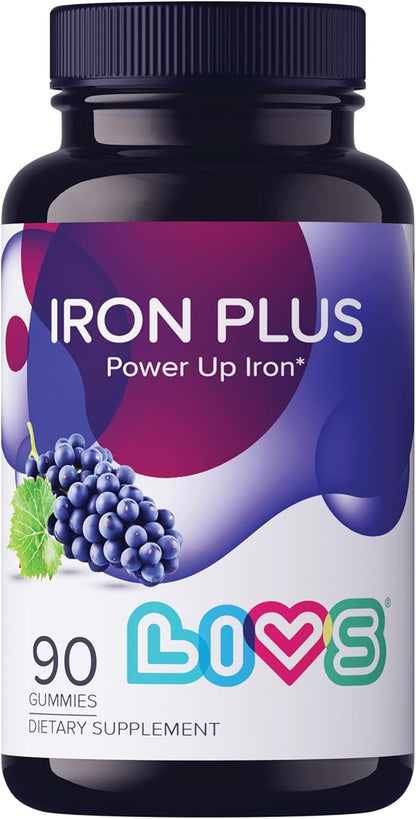 LIVS Iron Plus Gummy Vitamin | Iron with Vitamin C | Made in USA | Iron Gummies for Adults & Kids | All-Natural, Gluten-Free, Non-GMO & Vegan Iron Supplement Gummies | Grape Flavored, 90 Count