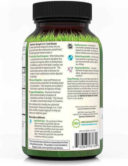 Irwin Naturals Maximum Strength 3-in-1 Carb Blocker - Neutralize Carbohydrates and Support Metabolism - 150 Liquid Softgels