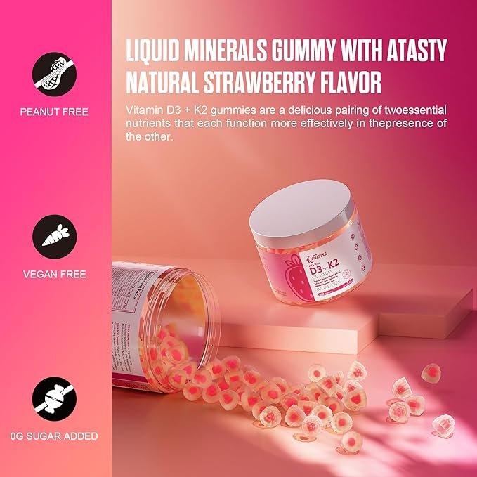 Vitamin D3 + K2 Sugar Free Gummies, 10000 IU Vitamin D3 + 250 mcg Vitamin K2, Supports Bone & Heart Health for Adults, Promotes Calcium Absorption & Immune Health, Non-GMO, 60 Gummies