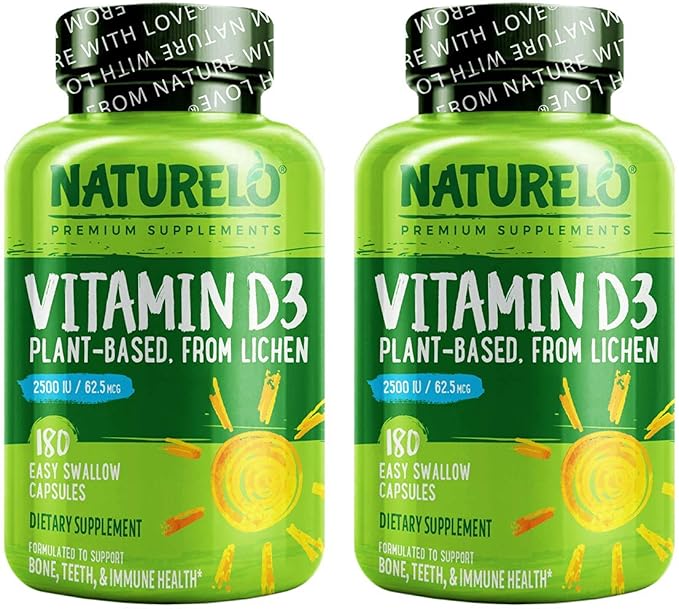 NATURELO Vitamin D3 - Lichen-Powered Immune Boost, with 2500 IU for Bone Health - Whole Food Formula - Vegan Gluten-Free - 180 Mini Capsules (2 Pack)